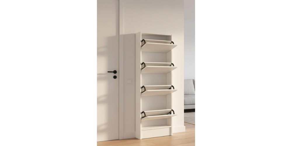 Lex Shoe Rack Cabinet (White) Space-Saving Wooden Organizer