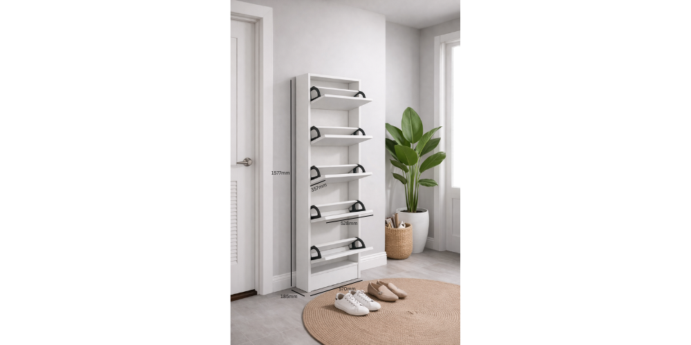 Lex Shoe Rack Cabinet (White) Space-Saving Wooden Organizer