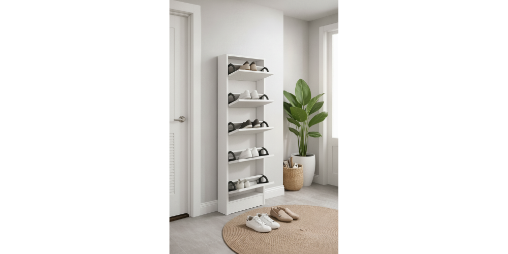 Lex Shoe Rack Cabinet (White) Space-Saving Wooden Organizer